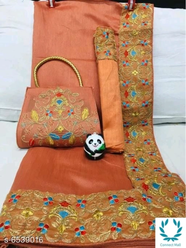 Trendy Women's Saree With Free Embroidered Bag - Saree Length Size-5.5m Blouse Length Size-0.8, Banglori Silk, Pack of 1 saree